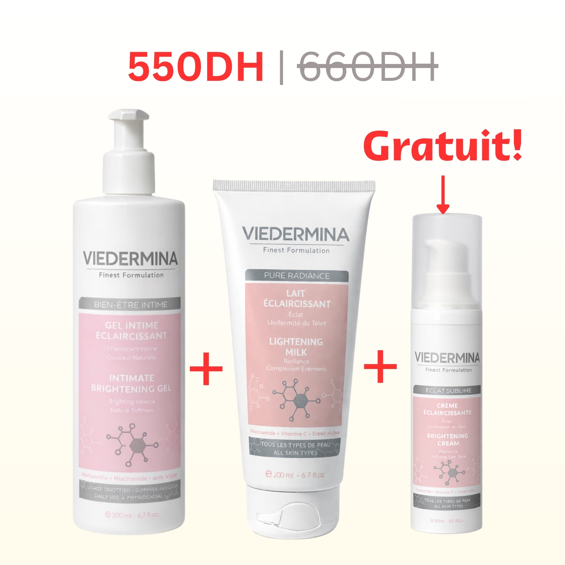 Pack Éclat Sublime : Gel Intime + Lait Éclaircissant + Crème Éclaircissante Offerte